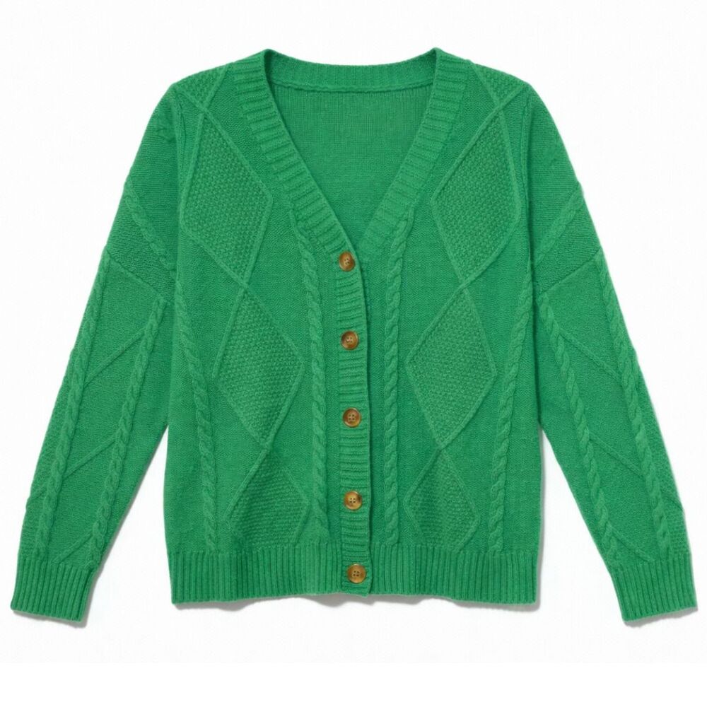 Green‎ Cable Knit Cardigan Womens Small Chunky Cottagecore Grandpa Core Spring